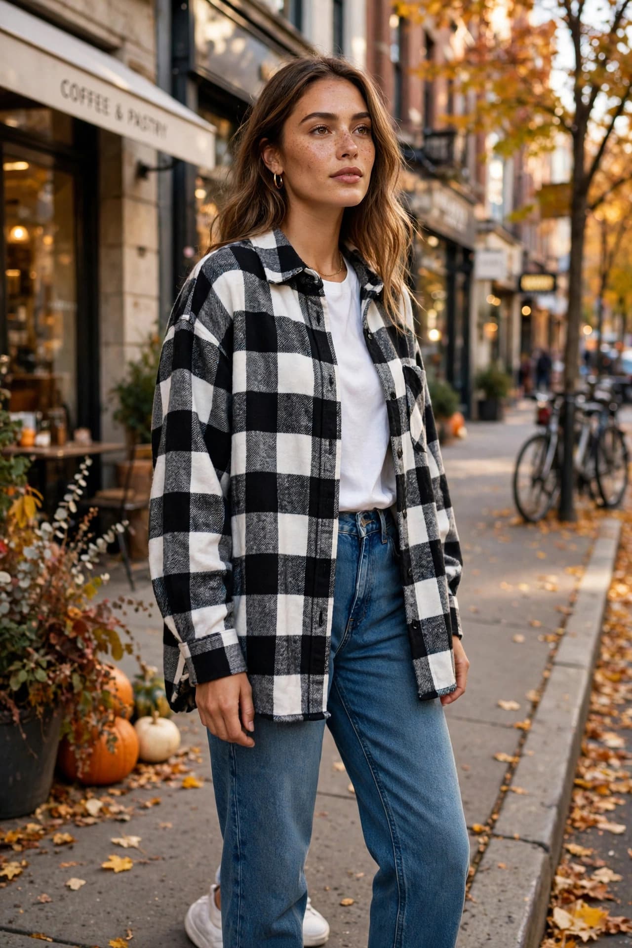 Styled inspiration for Button Down Collared Neck Plaid Flannel Shacket