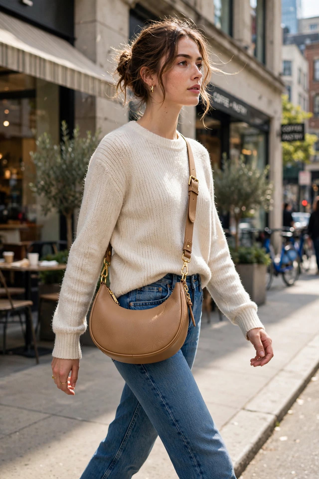 Styled inspiration for Fame Buckle Closure Crescent Faux Leather Crossbody Bag