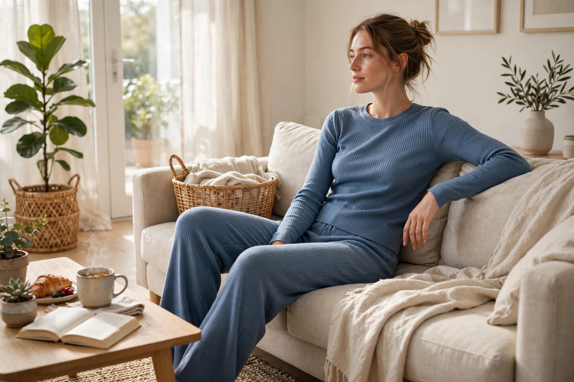 Styled inspiration for Ribbed Long Sleeve Top and Pants Lounge Set