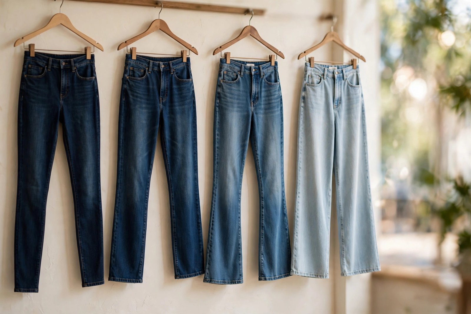 Women's jeans in different cuts and washes hanging on a boutique wall