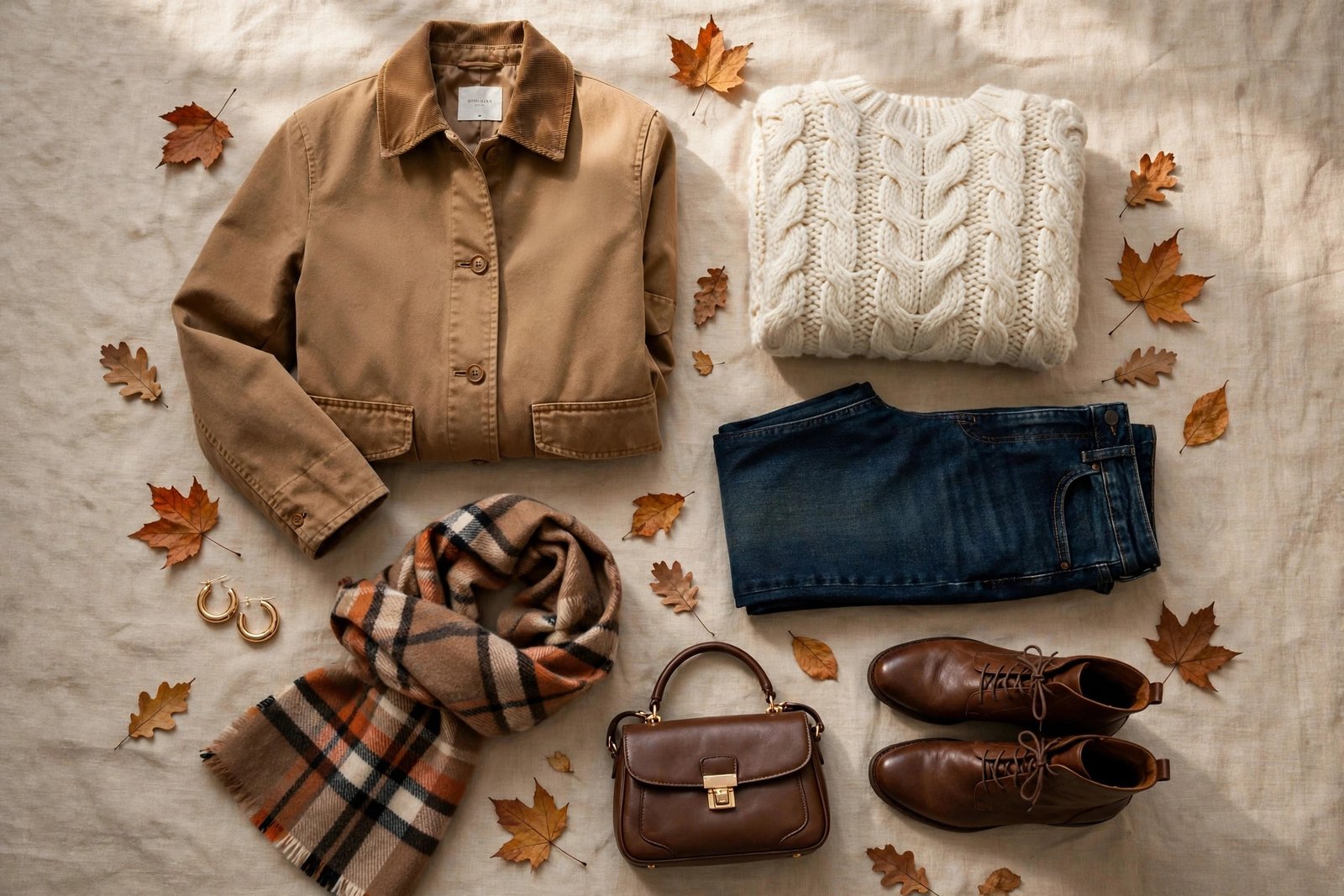 Flat lay of fall 2026 essentials: barn jacket, chunky knit, dark denim, brown boots, plaid scarf