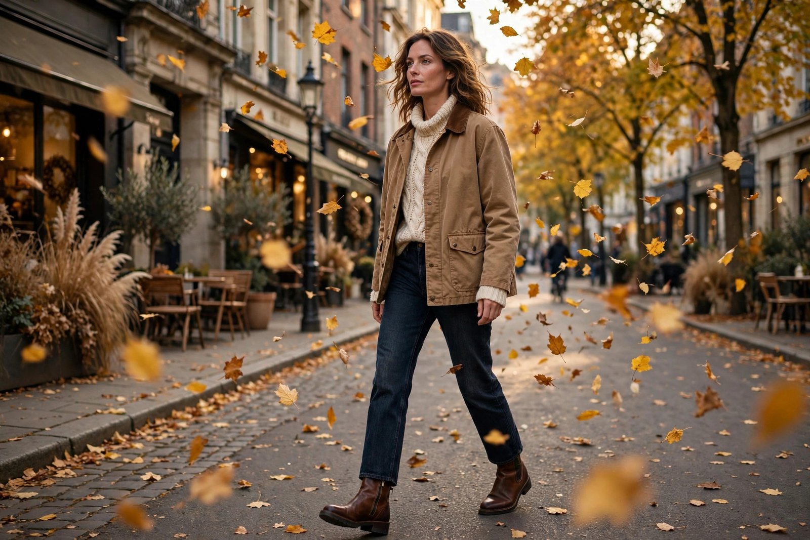 Woman in a camel barn jacket, cream knit sweater, dark jeans and brown boots on an autumn street