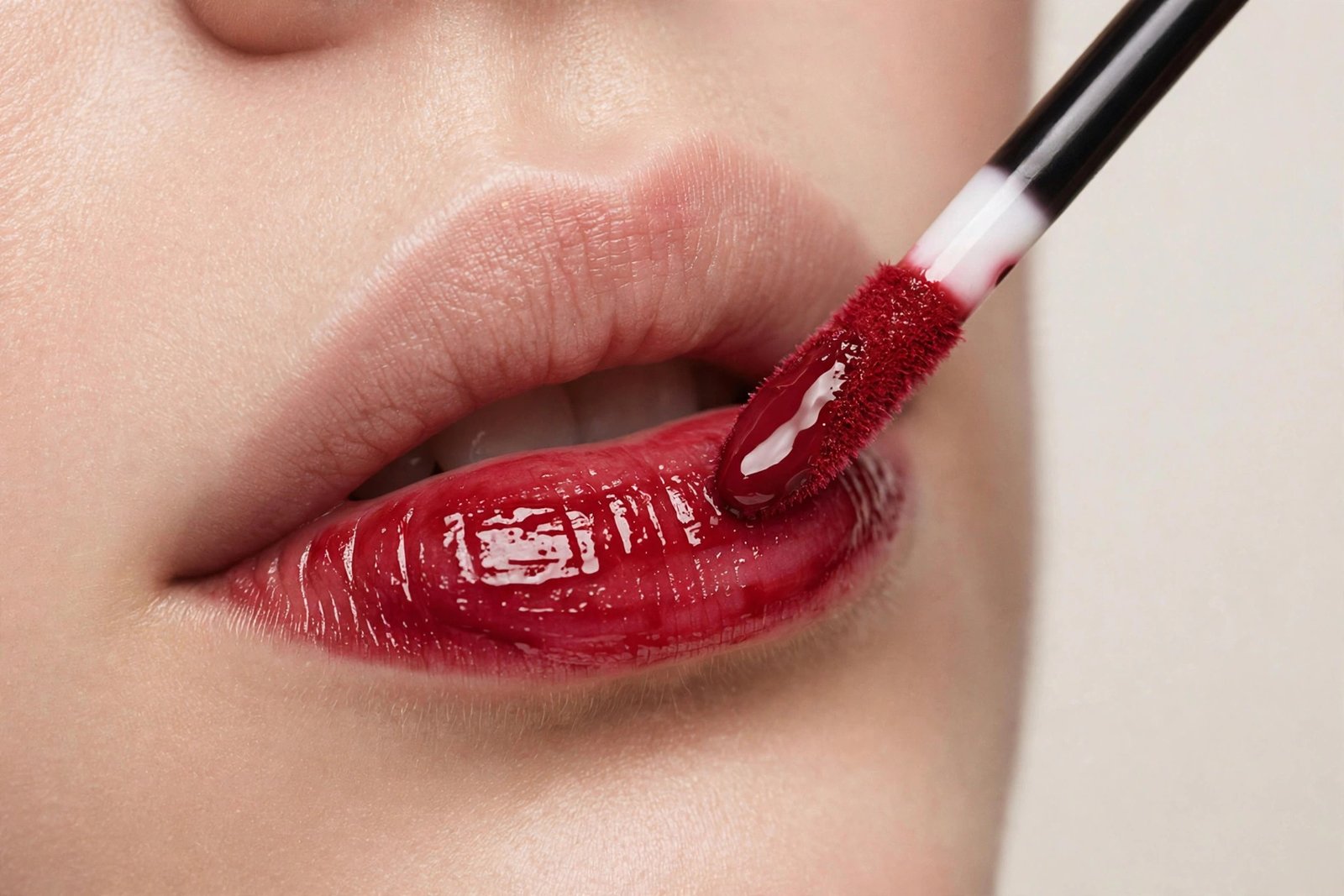 Doe-foot applicator applying glossy peel-off lip tint to lips