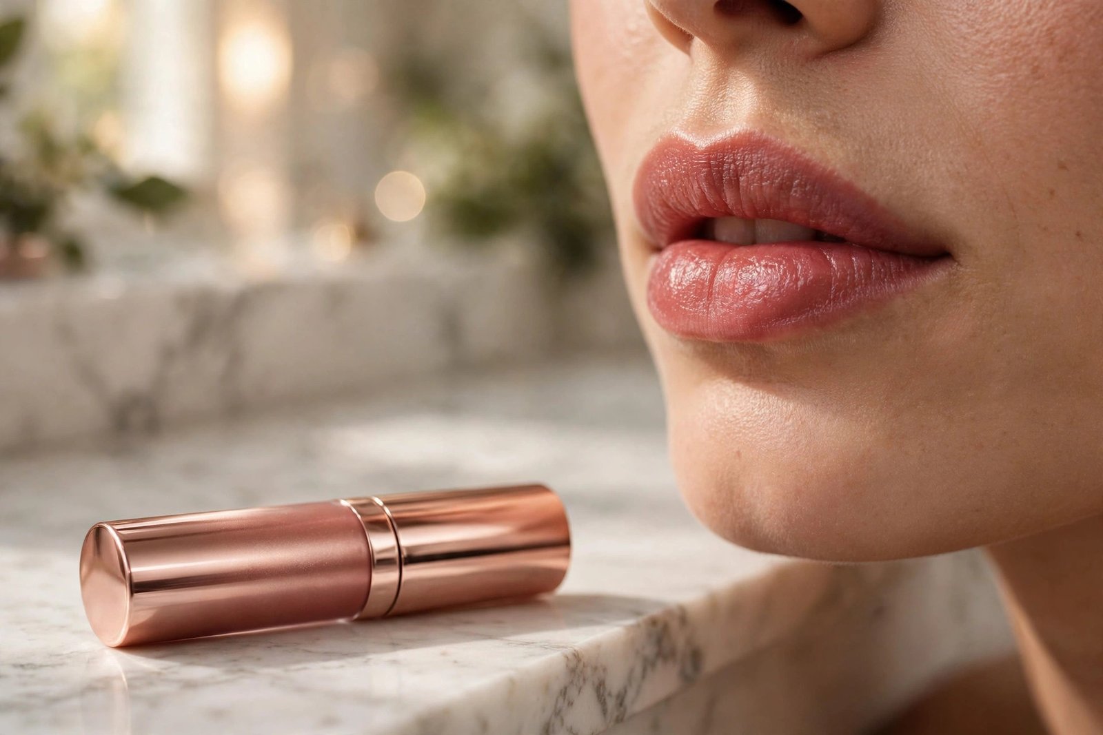 Peel-off lip stain tube beside berry-stained lips
