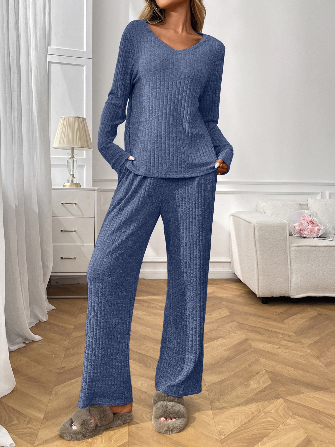 Ribbed Long Sleeve Top and Pants Lounge Set