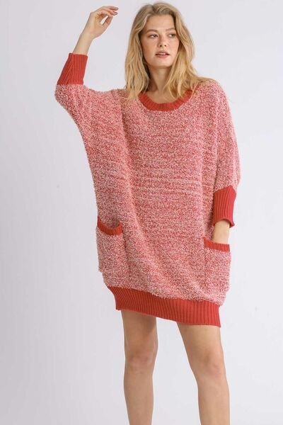 Ribbed Hem Round Neck 3/4 Sleeve Sweater Dress with Pockets